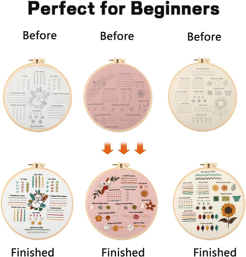 JOINRUN Beginner Embroidery Kit for Adults, 3 Pack Cross Stitch Kits with Pre-Printed Patterns, Threads, Needles, Learn Stitches with 7.8" Hoop, Video Tutorial, DIY Needlework Craft Gift for Women - Image 5